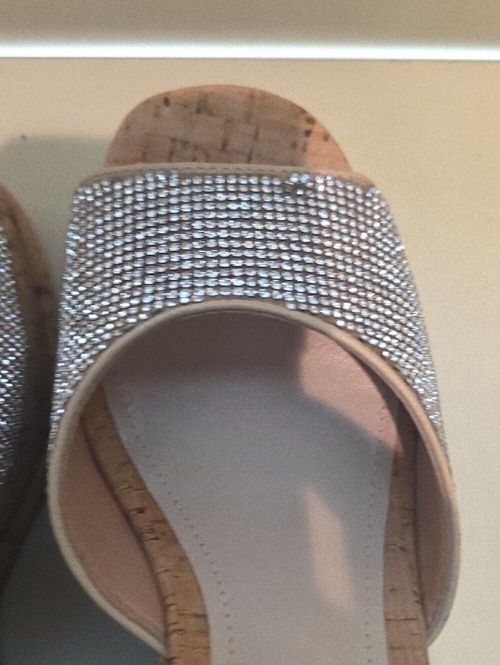 New With Flaws SCHUTZ Silver Rhinestone Cork Platform Slide Sandals - Picture 8 of 10